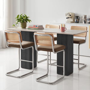 Mid Century Modern Rattan Back Bar <b>Stool</b> With Stainless Steel Frame Padded <b>Seat</b> For Kitchen Island Home Bistro - Product Image 1