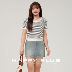Camiseta de punto negra a rayas Happy Plus N9155, talla grande, manga corta, estilo universitario, poliéster fino para mujer - Product Image 1
