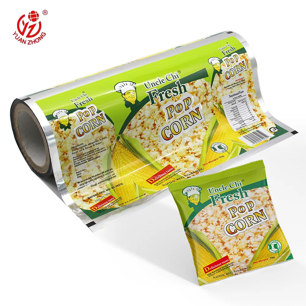 Emballage de maïs pop frais avec logo personnalisé sachet de rouleau de film de noix de casse-croûte sans odeur pour chips de plantain