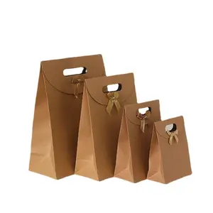 High Quality Recycled Kraft Party Favor Bag with Bow Ribbon Elegant Paper Gift Bags for Birthday Bridesmaid Wedding