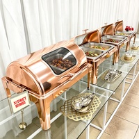 Chauffe-Plat Professionnel en Acier Inoxydable 9L Or Rose à Chaud, pour Buffet, Hôtel et Restaurant, avec Couvercle Roulant
