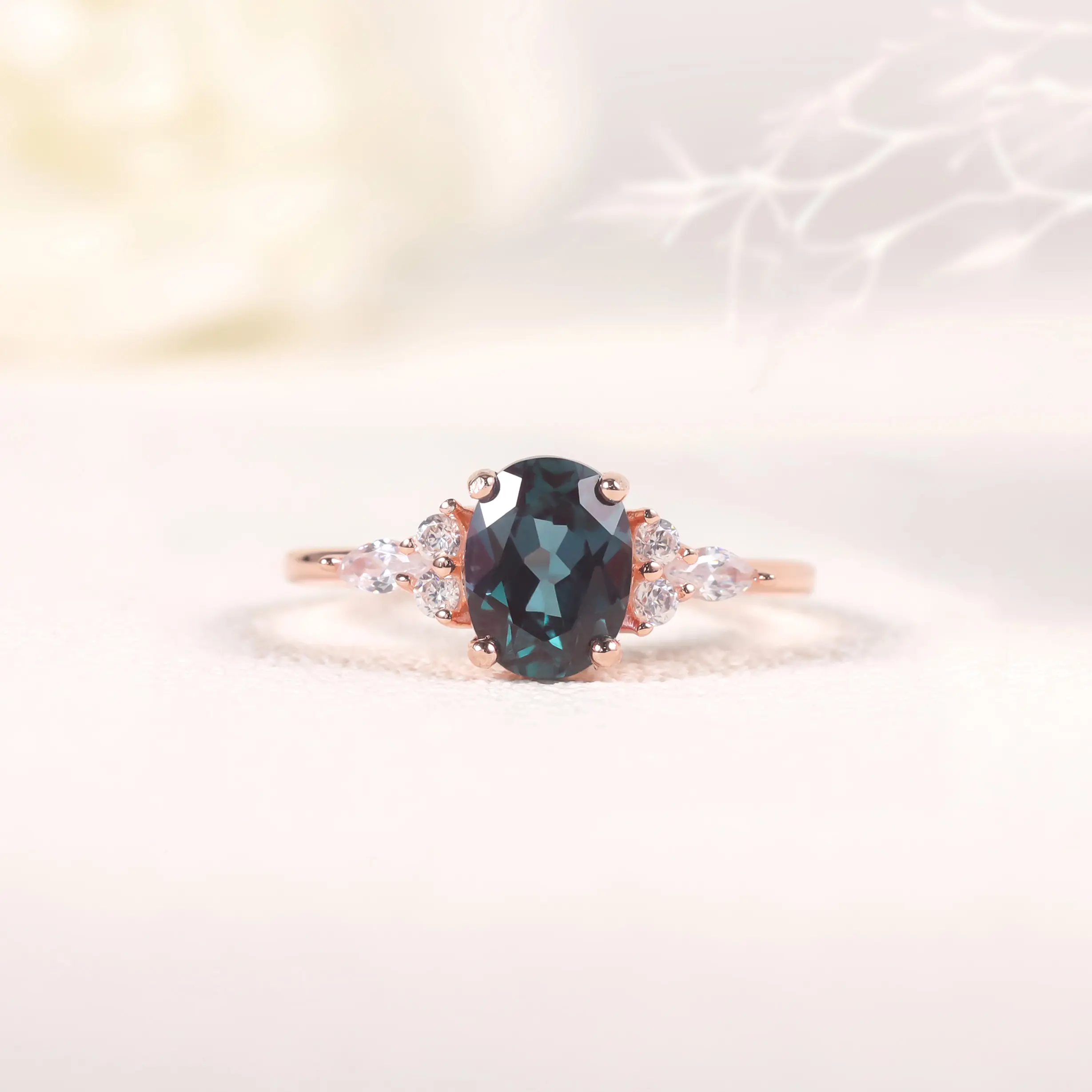 OL1042 On-Time Delivery Jewelry Wholesale Rose Gold Plated 925 Sterling Silver Oval 6x8mm Color Change Lab Alexandrite Ring