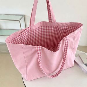 Plaid Double Sided Canvas Tote <b>Pink</b> Reversible Shoulder Bag With Dual Handles - Product Image 3