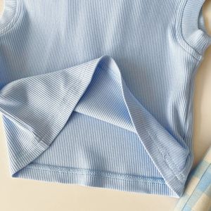 Completo estivo sottile a due pezzi per bambina, alla moda, elegante, stile principessa, senza maniche, a quadri, corto - Product Image 4