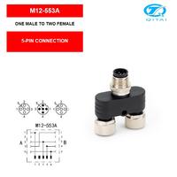 M12-M05 2xF05A Konektor Y Splitter Male ke Dua Female Adaptor Sensor Pin Tembaga Berlapis Emas IP67 4A Daya Microwave