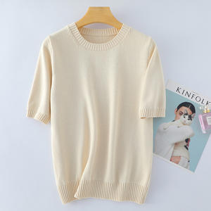 Camiseta de punto de manga corta para mujer, cuello redondo, holgada, talla grande, doble elasticidad, gruesa, antipilling, color liso, para uso diario - Product Image 5