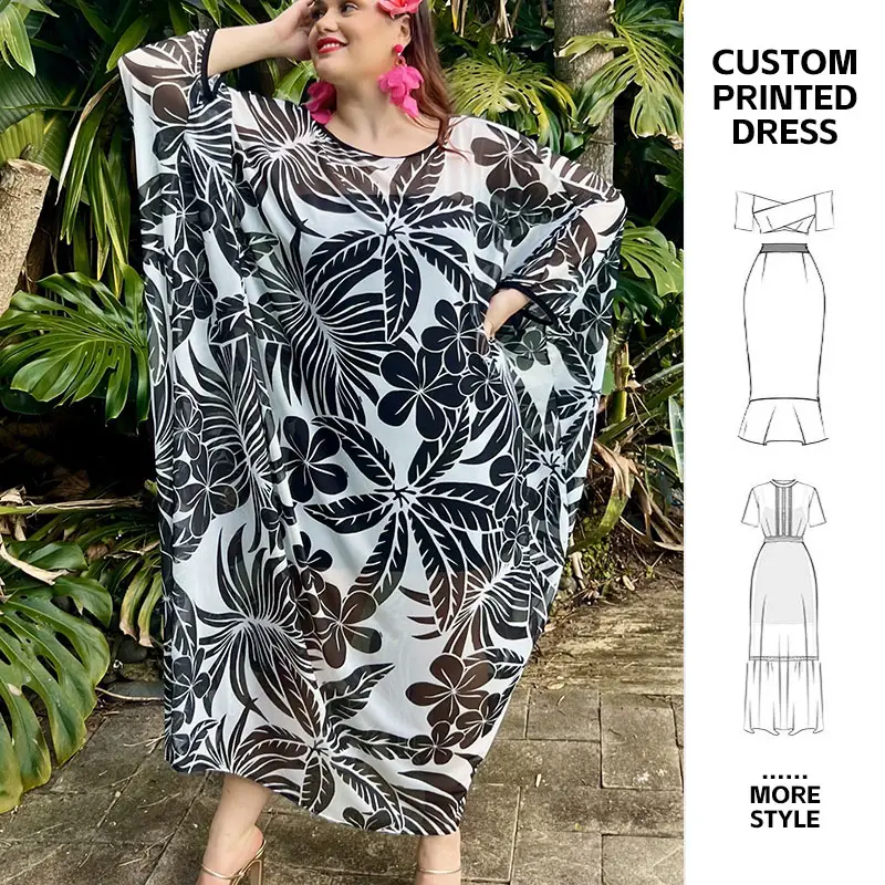 Aschulman Oem Etiqueta Privada Étnico Tropical Imprimir Malla Playa Mujeres Kaftan Vestido para Damas