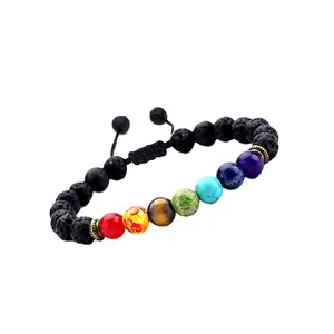 Lavasteen 7 Chakra 'S Aromatherapie Etherische Olie Diffuser Armband Gevlochten Touw Natuursteen Yoga Kralen Armband