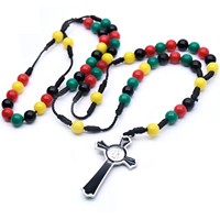 Collier de prière en perles de plastique colorées jaune rouge noir vert Croix religieuse Bijoux chrétiens Tissage catholique