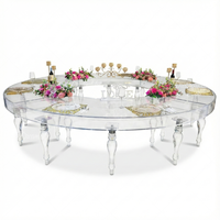 Table de dîner en acrylique demi-lune pour événements hôteliers, mariages et utilisation en extérieur, structure en acier inoxydable durable, design contemporain