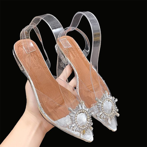 Sandalias planas con tacón de cristal transparente de PVC de talla grande al por mayor, Sandalias de tacón bajo transparentes para mujer y zapatos de boda para mujer - Product Image 5