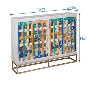 Buffet moderne en bois avec portes à motifs de carreaux multicolores |   Console de rangement contemporaine |   Buffet pour salon et salle à manger - Product Image 6