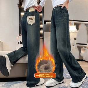 <span class=keywords><strong>Pantaloni</strong></span> in Denim da ragazza Jeans Casual traspirante foderato in pile e imbottito inverno nuovi <span class=keywords><strong>pantaloni</strong></span> larghi larghi da bambino caldi a gamba dritta - Product Image 3