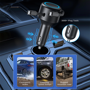 4 in 1 Fast Car Charger Fast <b>Charging</b> QC 3.0 PD 60W quick car charger with 2 Retractable <b>Cables</b> - Product Image 5