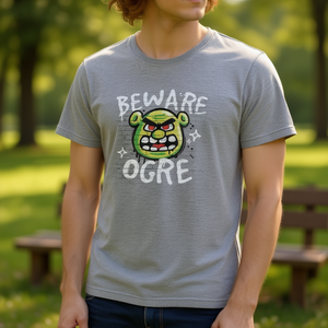 T-shirt Beware Ogre grigia con scollo rotondo e maniche corte, maglietta promozionale con grafica - Product Image 2