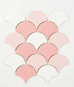 공장 우아한 디자인 핑크 및 흰색 모로코 물고기 스케일 샤워 벽 장식용 팬 모양의 세라믹 도자기 모자이크