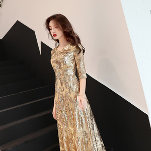 Robe de soirée de luxe en sequins dorés pour femme, élégante, col en <span class=keywords><strong>V</strong></span>, manches mi-longues, coupe trapèze, motif floral, robe de bal - Product Image 4
