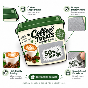 Free Design Instant Prize Digital Printing Die Cut Custom Shape Coffee Store Game Reward <b>Scratch</b> Off Cards - Product Image 3
