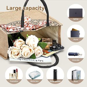 Women'<strong>s</strong> Fashionable Eco-friendly <strong>Jute</strong> <strong>Tote</strong> <strong>Bag</strong> Zipper Closure Custom Logo Long Fabric Handle Reusable Travel Gift Shopping - Product Image 5