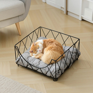 Wrought Iron Pet Bed Rectangle Geometric Pattern Durable Floor Standing <b>Cat</b> Dog Cage With <b>Mat</b> All Seasons Use - Product Image 4