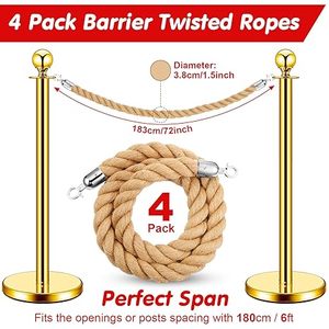 <span class=keywords><strong>Corde</strong></span> torsadée en jute robuste en <span class=keywords><strong>chanvre</strong></span> Barrière de ligne de file d'attente de 6 pieds pour les cinémas et les grandes ouvertures d'hôtels - Product Image 4