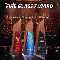 Trophée en verre cristal gravé sur mesure avec base en bois, plaque de récompense imprimée UV en forme de flamme pour événements professionnels