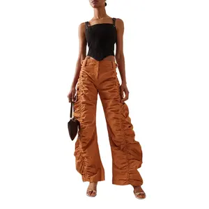 도매 사용자 정의 여성 단색 높은 허리 셔링 Drawstring 넓은 다리 편안한 패션 바지 거리 착용