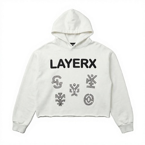 Sudadera con capucha personalizada para hombre, de invierno, de alto gramaje (500 g/m²), forro polar de algodón, con gráfico bordado de pedrería, bajo sin rematar, efecto desgastado, corte holgado - Product Image 1