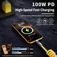 Câble de charge enroulé Type-C PD 100W avec affichage numérique de la puissance, transfert de données 480 Mbps, compatible caméra PVC et iOS, cordon à ressort extensible
