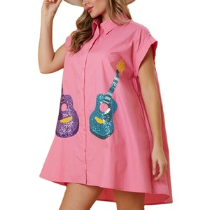 Mode boutons col étincelle broderie paillettes guitare femmes Mini robe surdimensionné coton paillettes guitare femmes Mini robe - Product Image 2