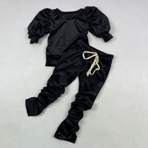 QL2022 Wholesale Casual Joggers Outfit Solid Cotton Puffsleeve Top + Stack <b>Leggings</b> Sportswear Outfits Kid Clothing - Product Image 6