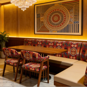 Midcentury Modern <b>Restaurant</b> Table <b>Set</b> With Wooden Square Table And Fabric Chairs For Commercial Dining Use - Product Image 3