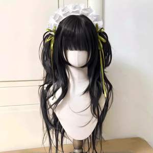 Perruque double queue de cheval superposée style Lolita avec rubans noirs, couvre-tête complet, sans colle, en fibre Kanekalon pour femmes - Product Image 2