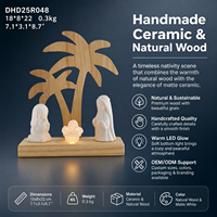 Crèche en céramique faite à la main avec base en bois en forme de palmier, lumière douce, décoration religieuse de Noël, vente en gros OEM
