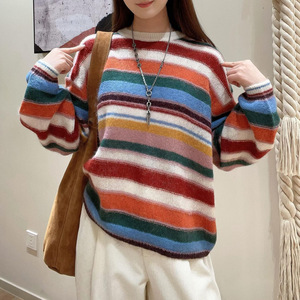 BS26 Early Spring Dopamine Contrast Striped Wool Mohair Blend Color Matching Pullover Sweater <strong>Top</strong> Women's Full Sleeve <strong>Rainbow</strong> - Product Image 2