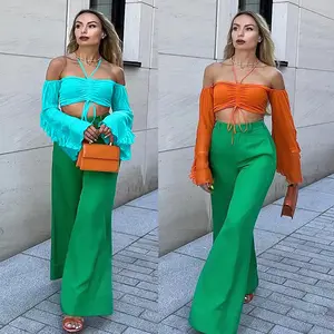 2023 Europa & Engeland Dames Formele Sexy Crop Top Geplooide Batwing Mouw Off Shoulder Strapless Elegante Chiffon Bladerdeeg Mouw Blouse