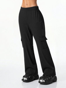 Mid Waist PU Workwear Casual Breathable Comfortable <strong>Sports</strong> <strong>Trousers</strong> <strong>Women</strong> Regular Fit Elastic Waist Wide Leg Spring Pants - Product Image 4