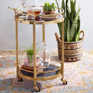 <b>Moving</b> Metal and Glass Round 2-Tier Gold Rolling Bar Cart with Wheels Serving <b>Trolley</b> Wheeled <b>Trolley</b> Mid Century Coffee Table - Product Image 2