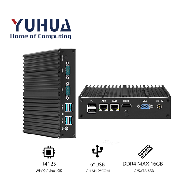 YUHUA Industrial Fanless Mini Computer Intel Celeron J4125 16GB RAM Windows 10/11 for Critical Environments HD VGA Display