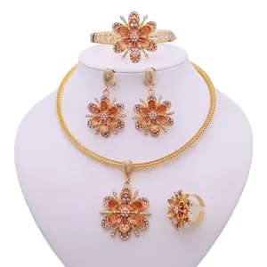 Fashionable flower alloy jewellery 4 pcs jewelry set necklace earring bracelet ring luxury gold plated 'jewelery' set women