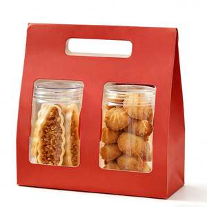 Sac fourre-tout personnalisable à double compartiment pour desserts, avec poignées découpées et fenêtre, fabriqué en papier kraft rouge festif. - Product Image 1