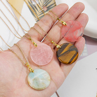 Kalung Liontin Kuarsa 30MM Custom Terlaris, Cakram Pink, Baja Anti Karat, Perhiasan Gaya Bohemian, Grosir