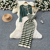 Ensemble deux pièces pour femme, cardigan en crochet à manches longues et robe moulante à bretelles spaghetti, pour le printemps et l'été