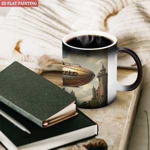 Mug vierge noir givré 11oz en céramique, tasse magique thermosensible avec motif château et dirigeable, peinture 2D à plat - Product Image 3