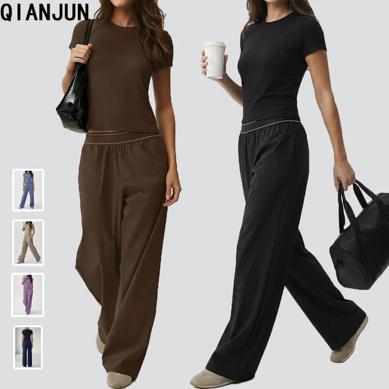 New Arrival Women Crew Neck Casual Top High Waist Straight Leg Pants Yoga Fitness 2 Piece High Stretch Outdoor Sportswear