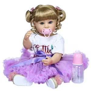 Npk 55Cm Bebe Pop Reborn Peuter Baby Meisje Pop In Paars Jurk Full Body Zachte Siliconen Bad Speelgoed Verjaardag cadeau Voor Kinderen