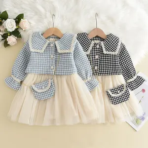 Peuter Kds Kleding 3 Stuks Meisjes Kleding Set Grote Revers Kanten Geruite Jas + Mouwloze Tule Patchwork Jurk + Portemonnee Outfit