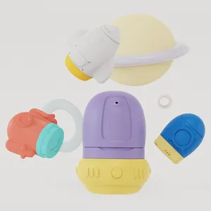 Lot de 4 jouets de bain en silicone en forme de vaisseau spatial non toxiques pour bébé de qualité alimentaire