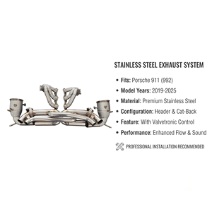 Vortex Non-Resonated Stainless Steel Header <b>Back</b> System Featuring Vacuum Valve Fits Porsche 992 Tuning - Product Image 1