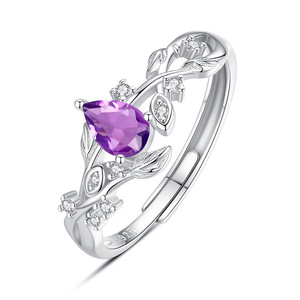 Bagues ajustables minimalistes en pierres naturelles en forme de goutte d'eau, en argent sterling 925, avec fleurs et feuilles, bijoux faits à la main pour femmes - Product Image 1